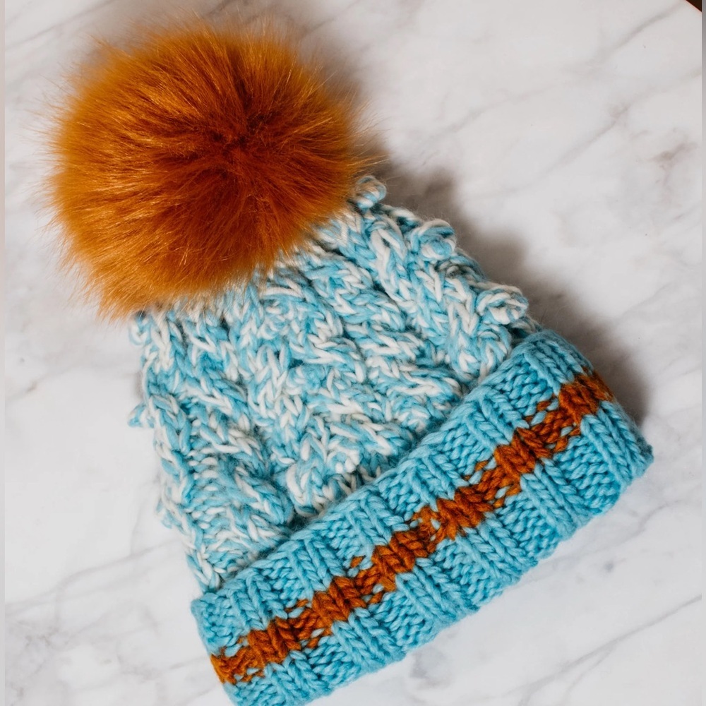 Free People Happy Trails Beanie Winter Hat Blue Brown Puff Faux Fur
